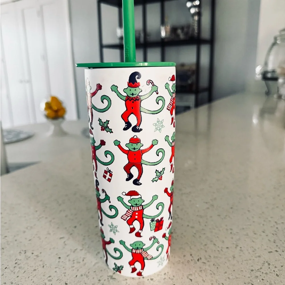 Roller Rabbit Festive Elf Tumbler with Green Lid and Straw